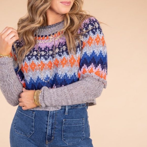 Free People Home for the Holidays Cropped Sweater - Heather Gray Combo - L - Picture 2 of 10
